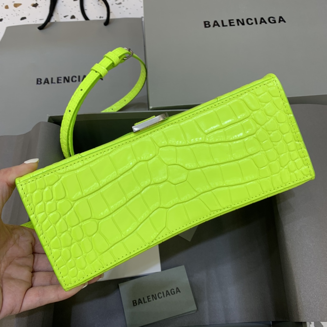 Balenciaga Hourglass Small Handbag Crocodile Embossed Shoulder Bag Lemon Yellow